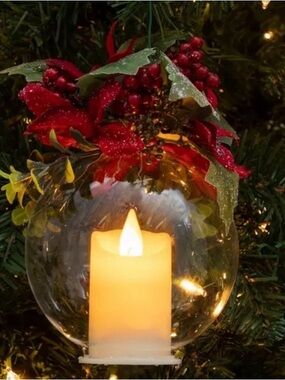 Red Poinsettia Glass Candle Ornament - Holiday Home Decor LED candle ornament